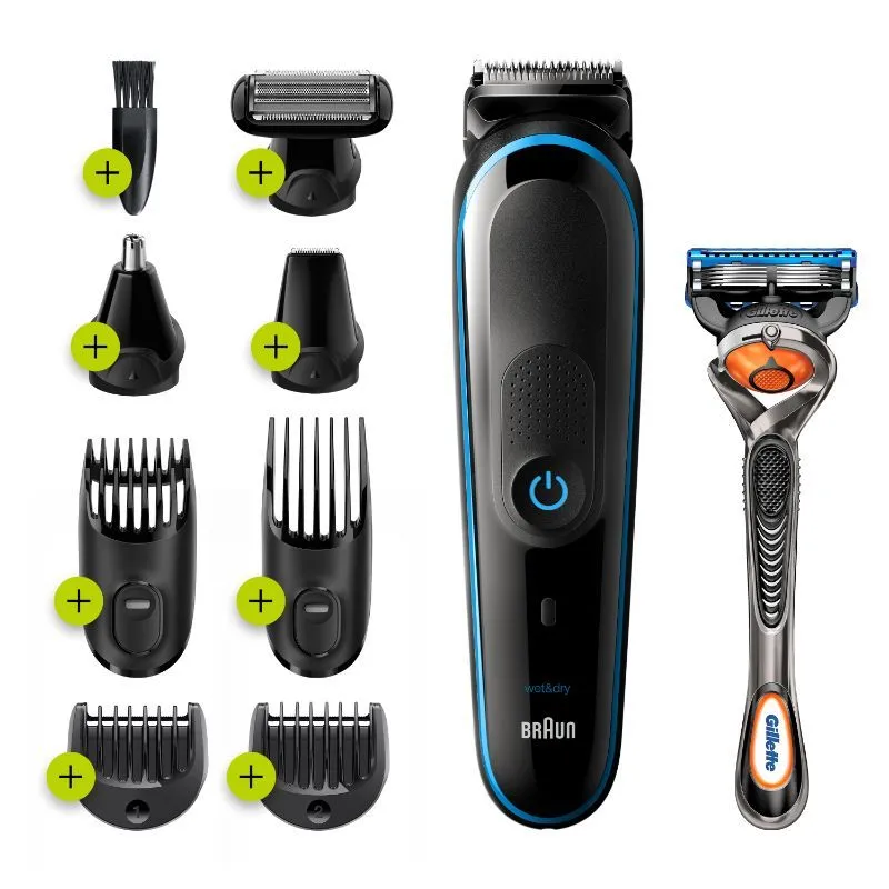 Braun 9-in-1 Beard Trimmer MGK5280, Body Grooming Kit & Hair Clipper, 100min Run Time, Black/Blue