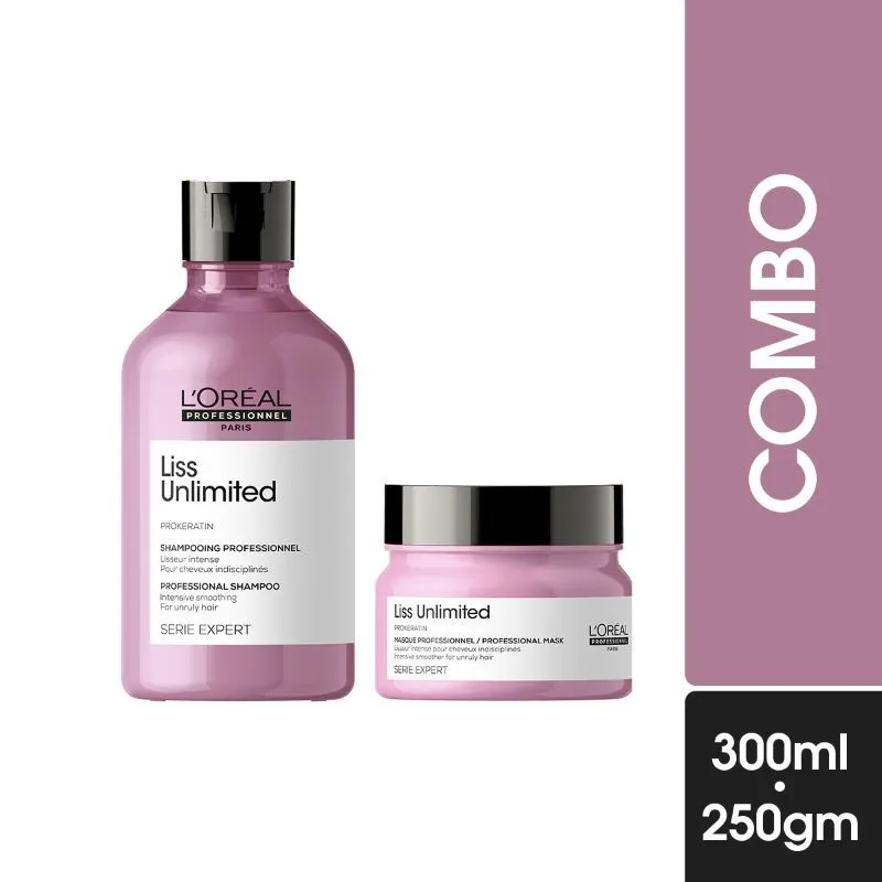 L'Oreal Professionnel Liss Unlimited Shampoo 300ml & Hair Mask 250gm for frizzy hair, Serie Expert