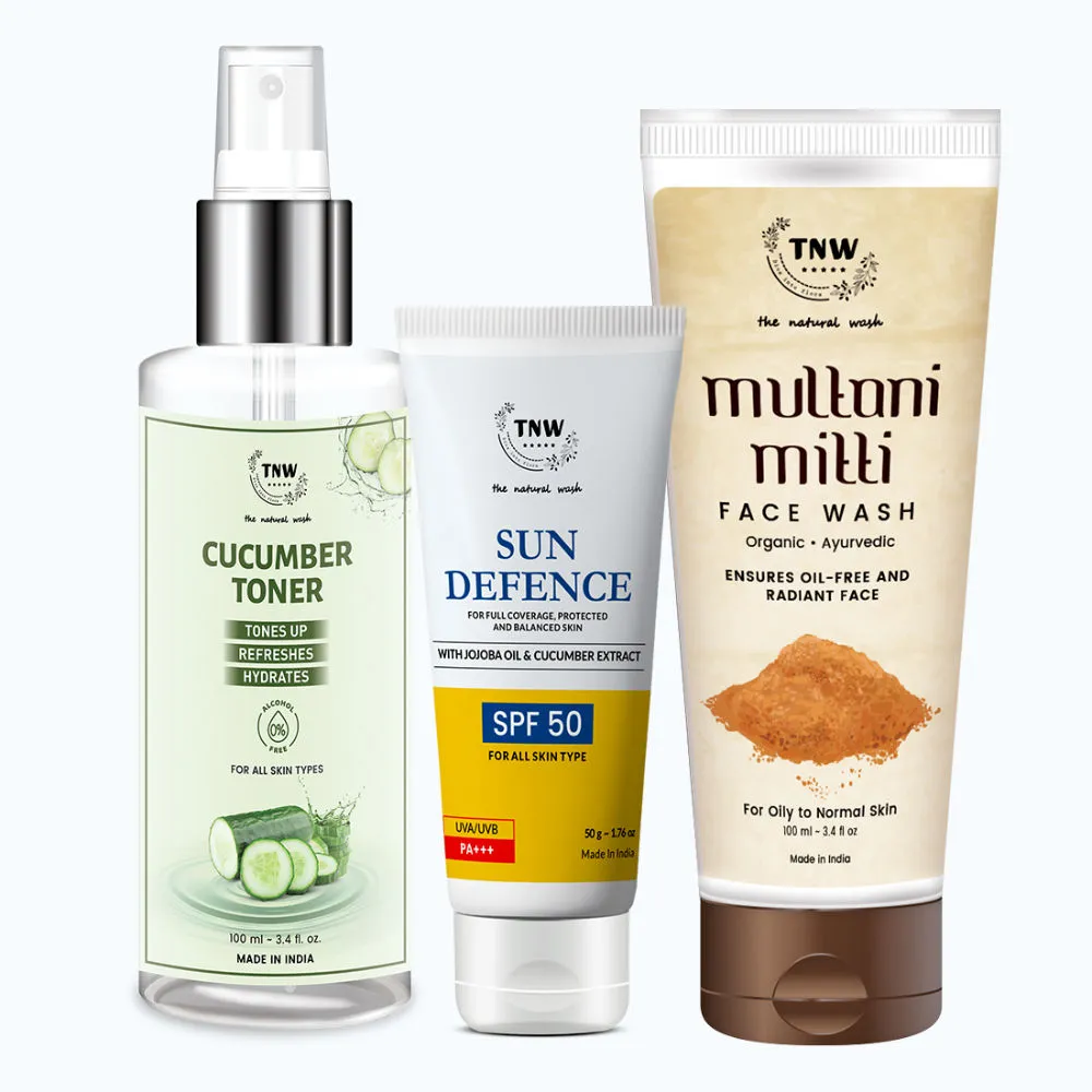 TNW The Natural Wash Multani Mitti Face Wash Sun Defence Cream SPF 50 and Cucumber Toner Combo