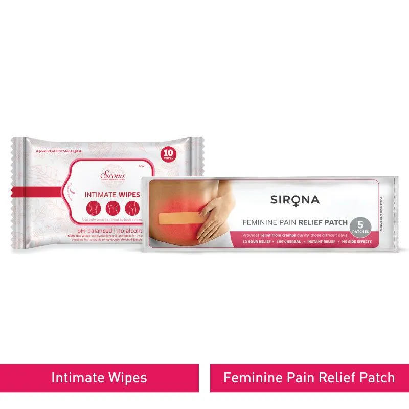 Sirona Feminine Pain Relief Patches For Period Pain - 5 Patches With Intimate Wipes - 10 Wipes