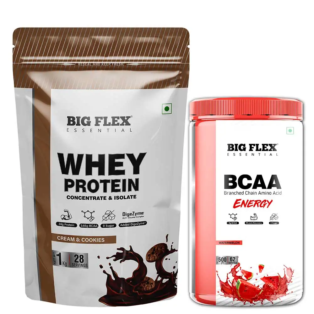 Big Flex Essential Whey Protein Concentrate & Isolate,  2.2 lb  Cream & Cookies with Bigflex Essential Bcaa Energy Watermelon 500g