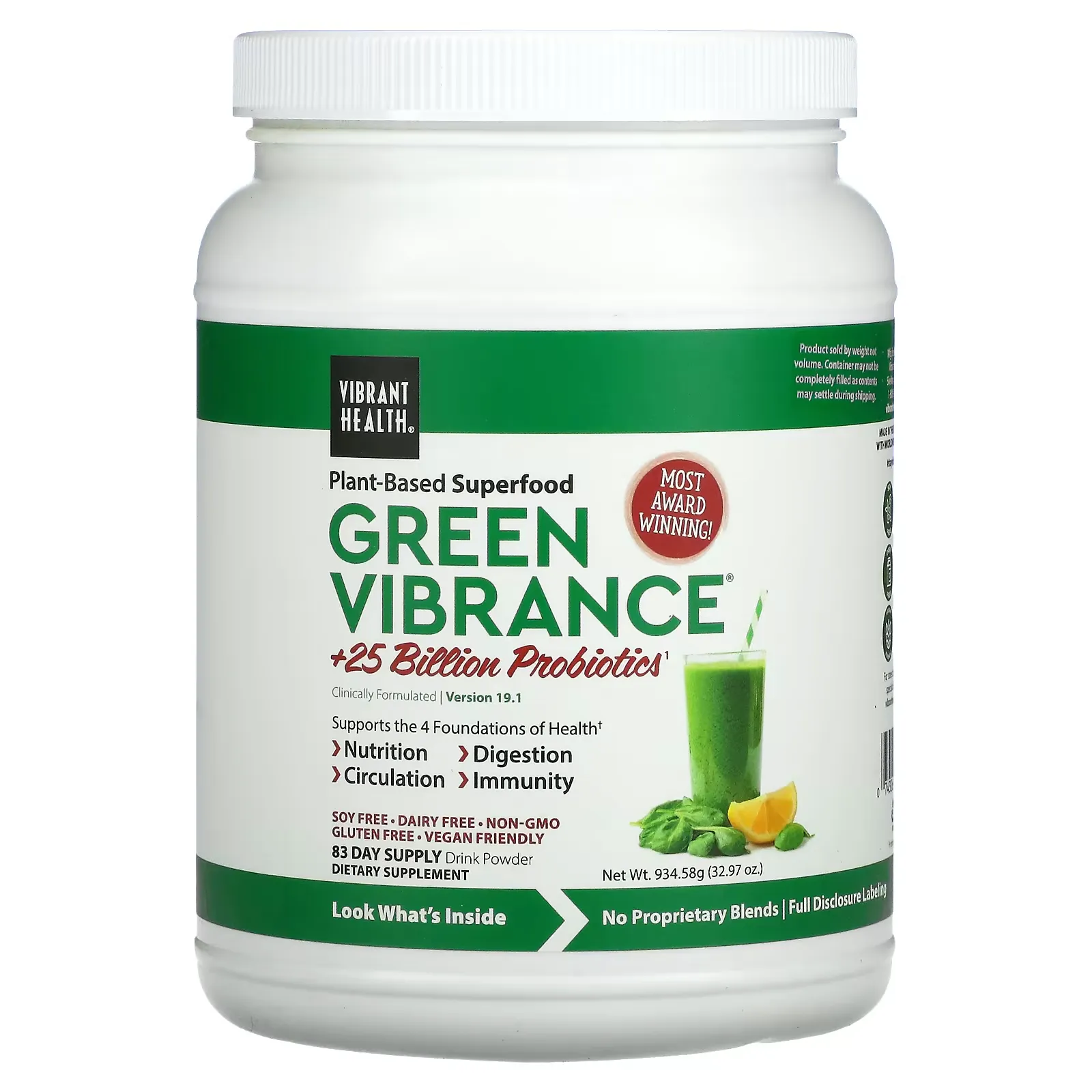 Green Vibrance +25 Billion Probiotics, Version 19.1, 32.97 oz (934.58 g)