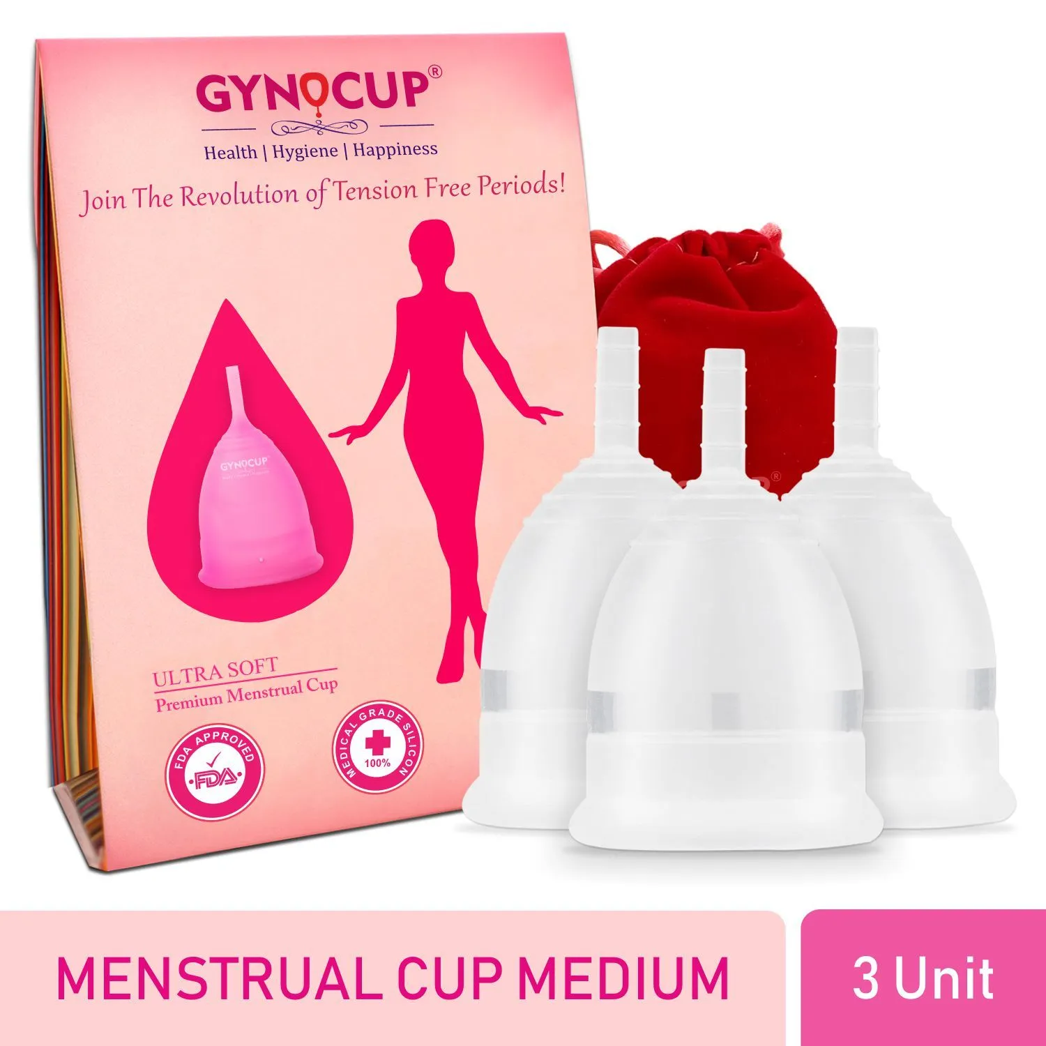 GynoCup Premium Menstrual Cup For Women, Fda Approved Transparent Medium Size Pack Of 3 (Combo)