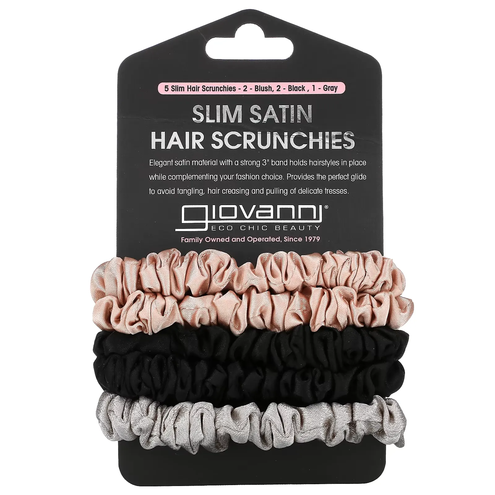 Slim Satin Hair Scrunchies, Blush, Black, Gray,  5 Scrunchies