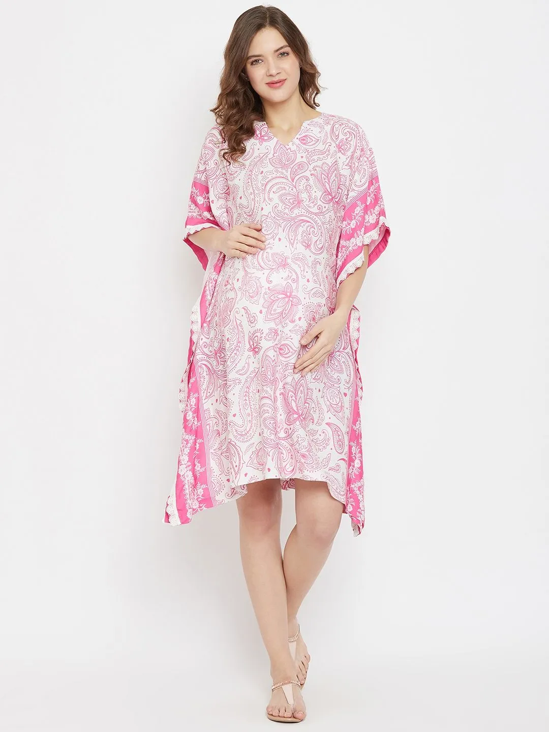 The Kaftan Company Fleurs Blanches Knee Length Maternity Kaftan Dress With Lace - Pink