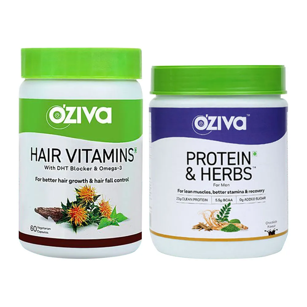 OZiva Hair Nourishment Combo (OZiva Proteins & Herbs Shake For Men - Chocolate + Hair Vitamins)