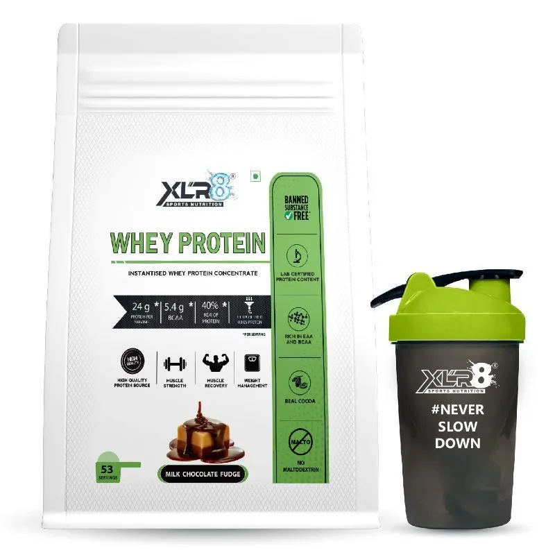 XLR8 Sports Nutrition Whey Protein With 24g Protein, 5.4g BCAA - With Shaker - Milk Chocolate Fudge