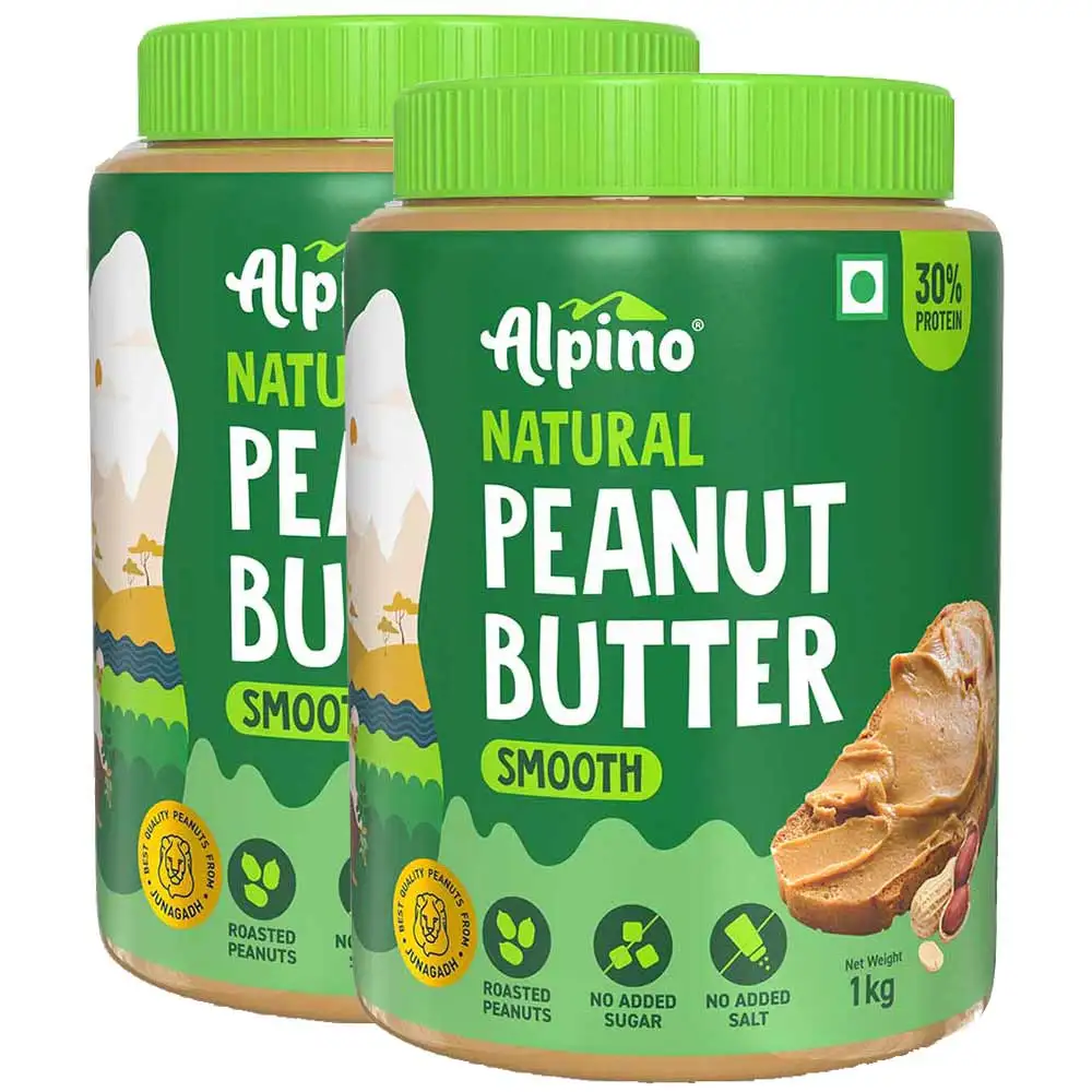 Alpino Natural Peanut Butter Unsweetened (Pack of 2),  1 kg  Smooth