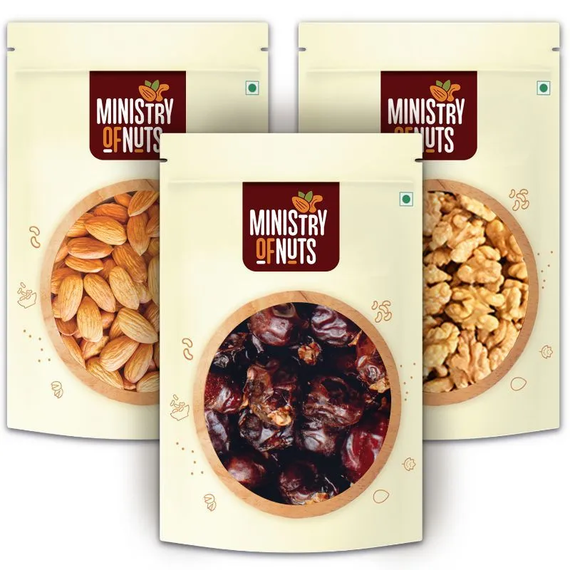 Ministry of Nuts Premium Dry Fruits - Pack Of 3 - Almonds, Dates & Walnuts