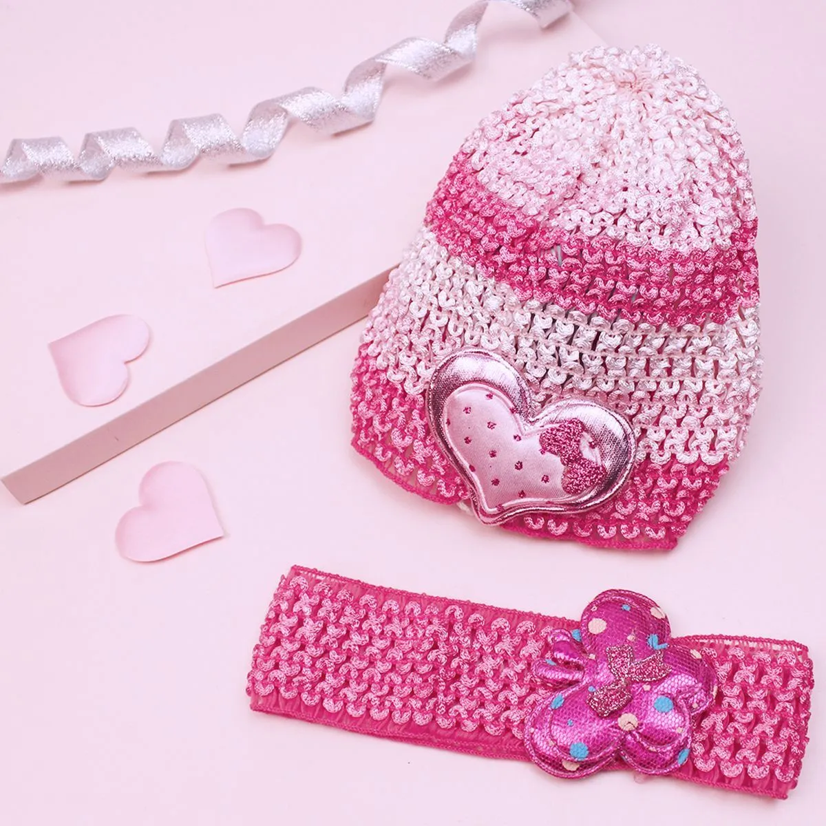 Lil' Star By Ayesha Kids Pink Crochet Head Band & Cap Set