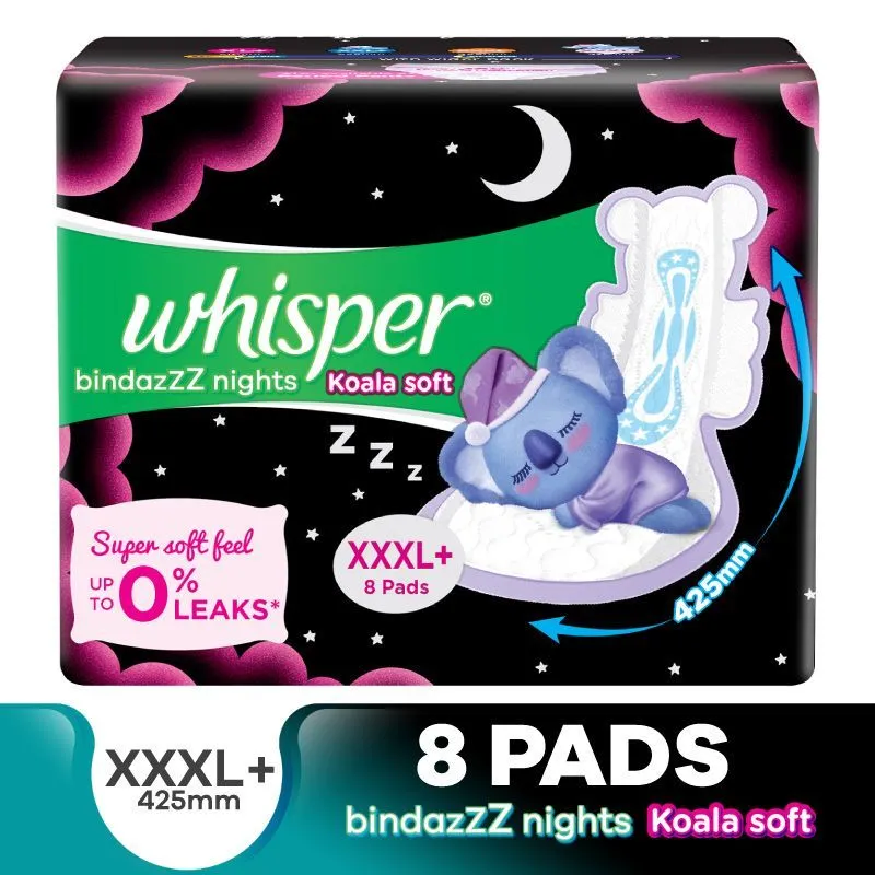 Whisper Bindazzz Night Koala Soft XXXL+ Sanitary Pads - 85% Longer With Upto 0% Leaks, 8 Pads