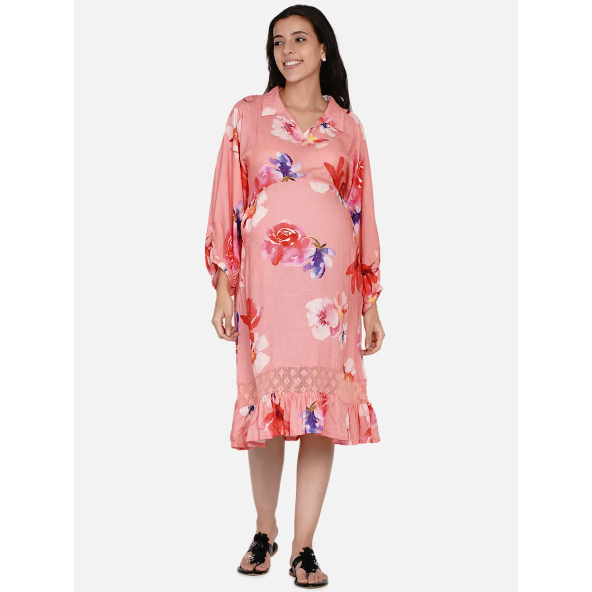 The Kaftan Company Peach Brushed Floral Maternity Dress Peach