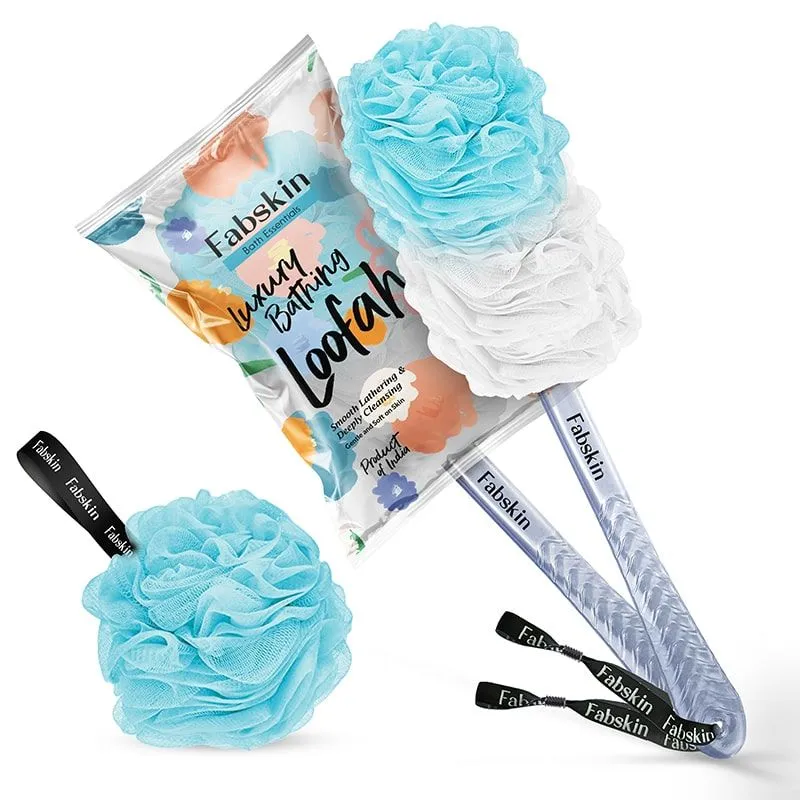 Fabskin Loofah Duo Pack- Bath Brush With Long Handle & Round Loofah- For Men & Women- Blue & White