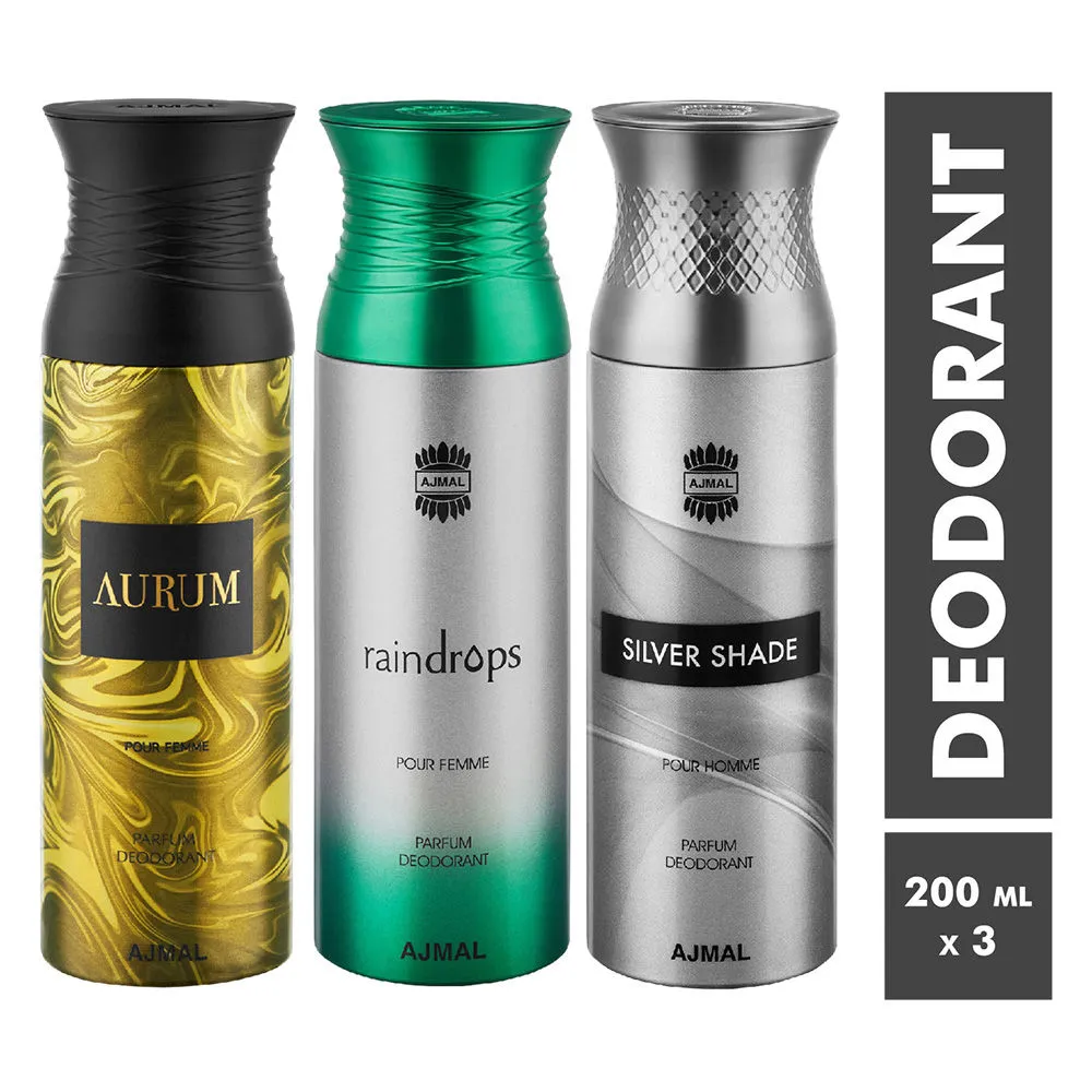 Ajmal Aurum, Raindrops & Silver Shade Parfum Deodorant For Men and Women - Pack Of 3