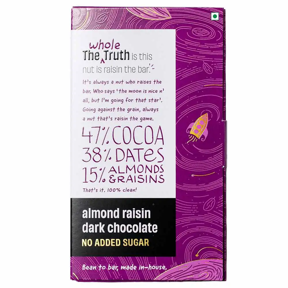 The Whole Truth Almond Raisin Dark Chocolate,  2 Piece(s)/Pack  47% Cocoa, 38% Dates, 15% Almond and Raisins (No Added Sugar)