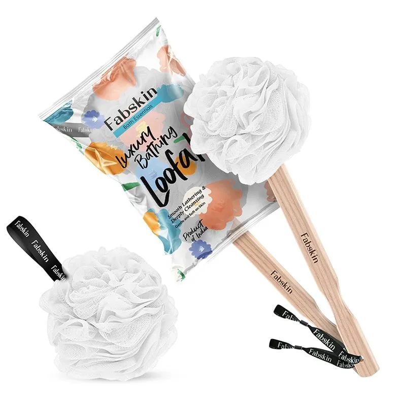 Fabskin Loofah Duo Pack - Bath Brush With Wooden Handle & Round Loofah - For Men & Women-White