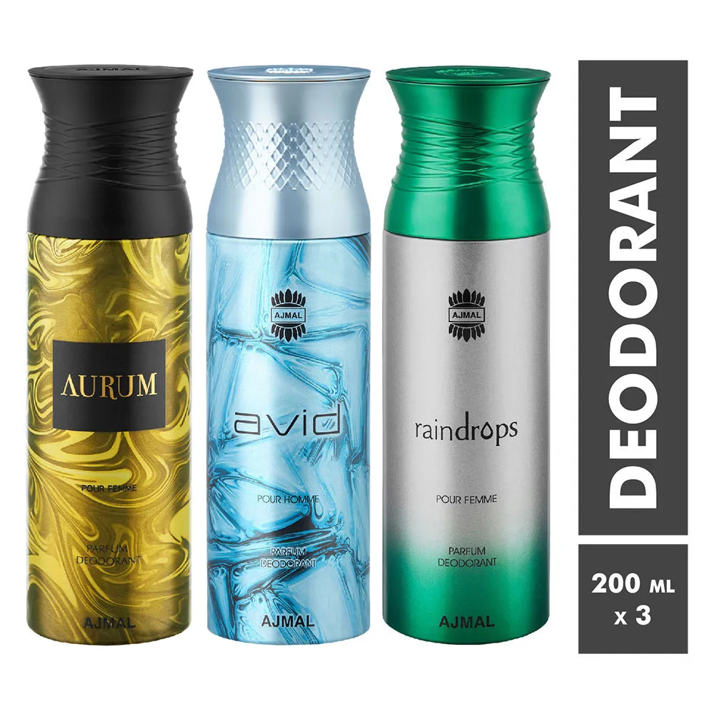 Ajmal Aurum, Avid & Raindrops Parfum Deodorant For Men and Women - Pack Of 3