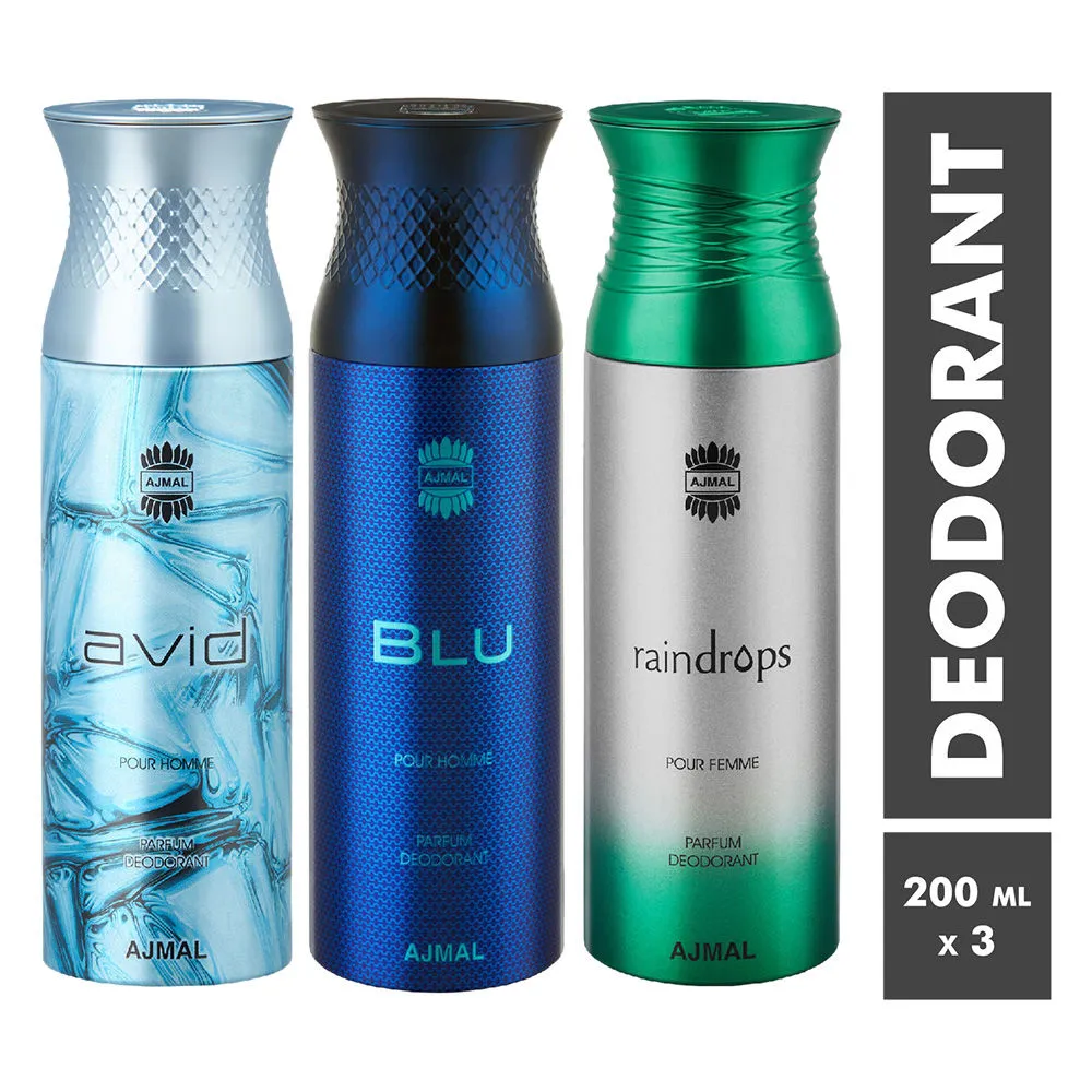 Ajmal Avid, Blu & Raindrops Parfum Deodorant For Men and Women - Pack Of 3