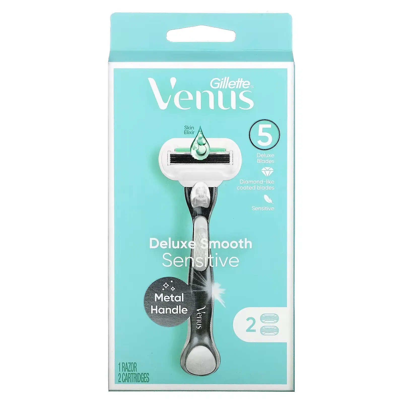 Venus, Deluxe Smooth Sensitive Razor & Cartridges, 1 Razor 2 Cartridges