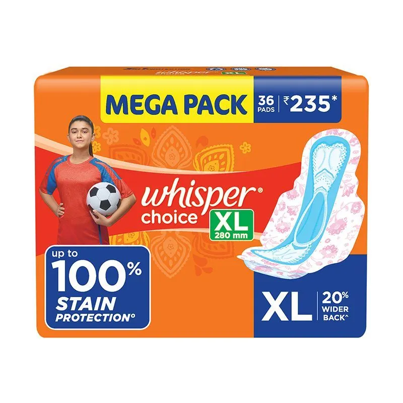 Whisper Choice XL Thick Sanitary Pads- upto 100% Stain protection with side safe Wings, 36 Pads