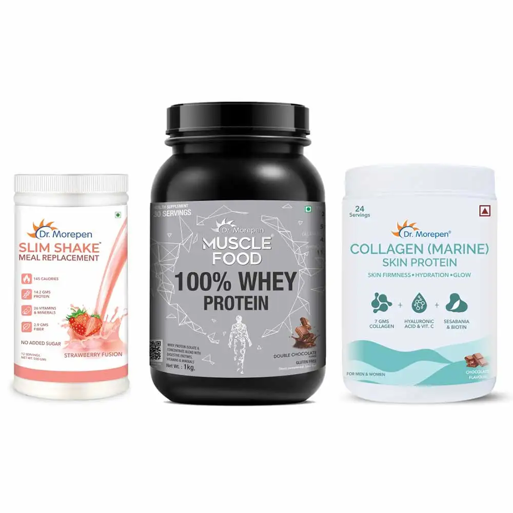 Dr. Morepen Slim Shake 500g, Marine Collagen Skin Protein 240g, Muscle Food 100% Whey Protein 2.2lb Combo,  3 Piece(s)/Pack  Shake-Strawberry Fusion, Whey Protein-Double Chocolate