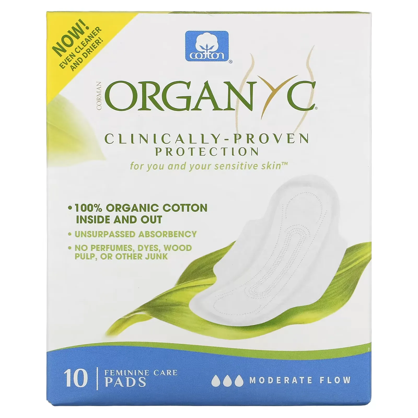 Organic Cotton Pads, Moderate Flow, 10 Pads