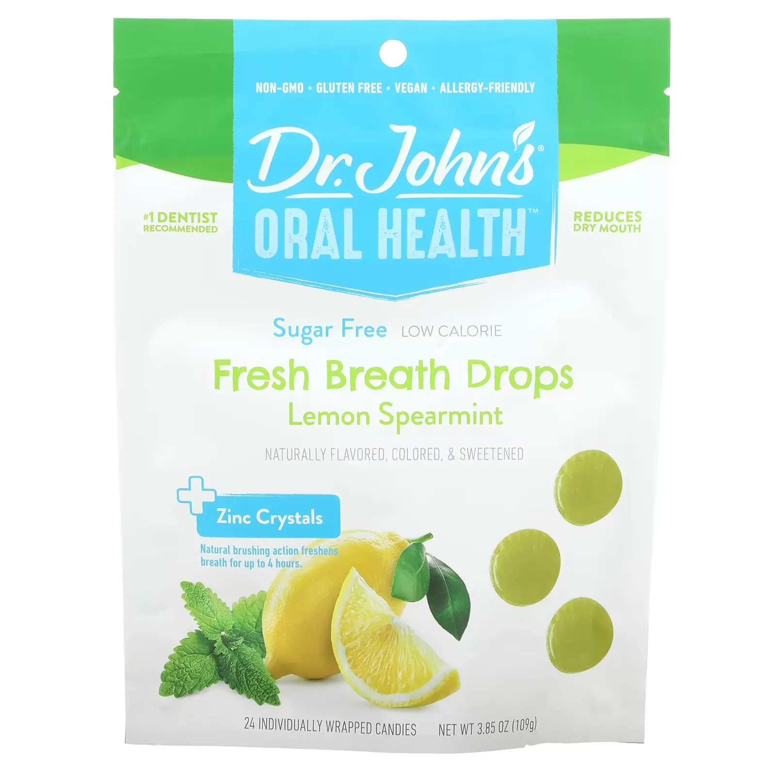 Oral Health, Fresh Breath Drops, + Zinc Crystals, Lemon Spearmint, Sugar Free, 24 Individually Wrapped Candies, 3.85 oz (109 g)