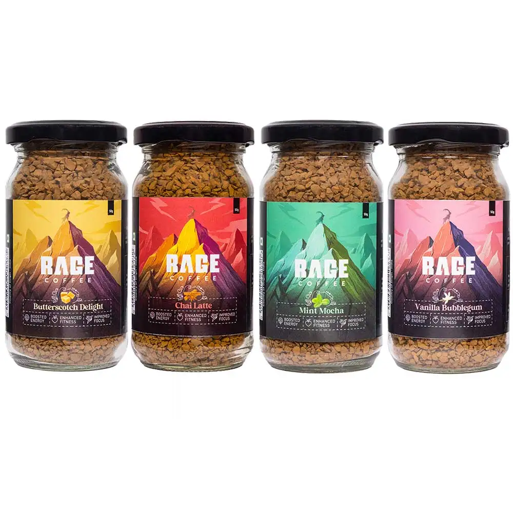 Rage Coffee Premium Arabica Instant Coffee Combo Pack of 4,  50 g  Irish Hazelnut, Dark Chocolate, Creme Caramel & Butterscotch Delight