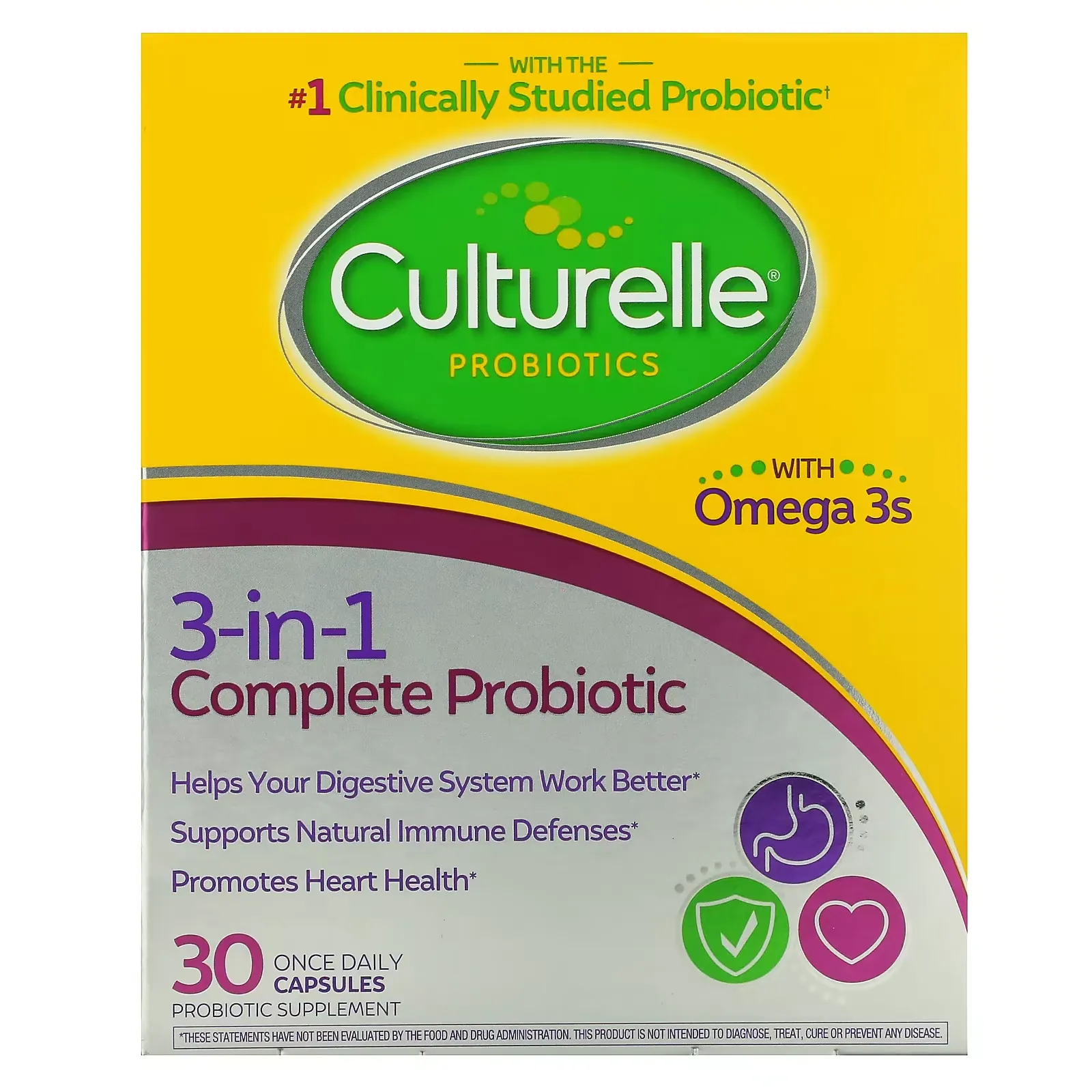 Probiotics, 3-in-1 Complete Probiotic with Omega 3s, 30 Once Daily Capsules