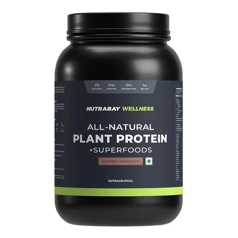 Nutrabay Wellness All-Natural Plant Protein + Superfoods,  2.2 lb  Gourmet Chocolate