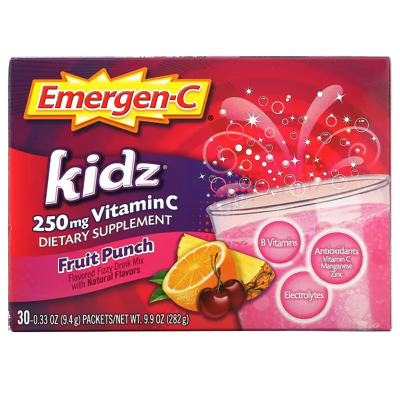 Kidz, Vitamin C, Flavored Fizzy Drink Mix, Fruit Punch, 250 mg, 30 Packets, 0.33 oz (9.4 g) Each