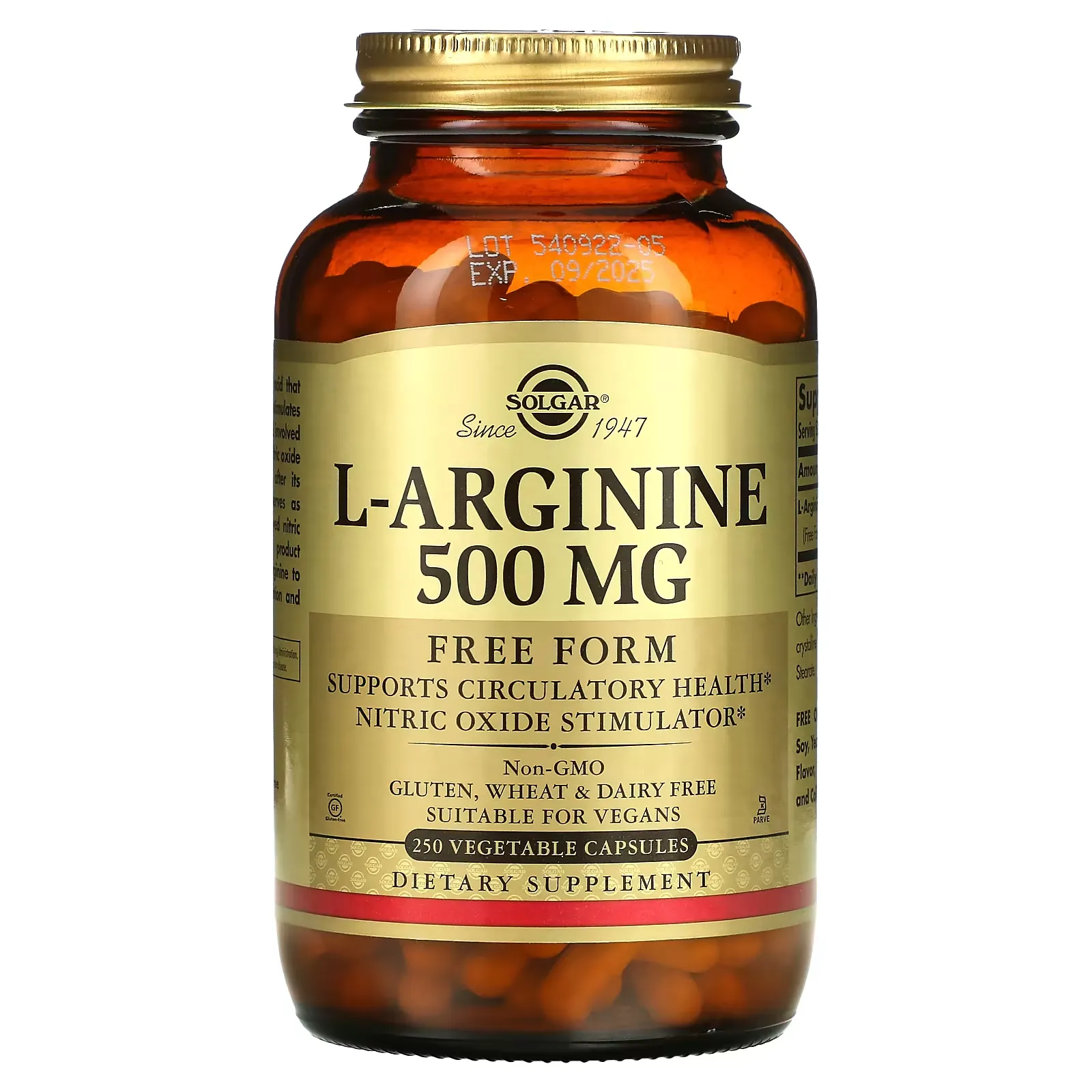 L-Arginine, Free Form, 500 mg, 250 Vegetable Capsules