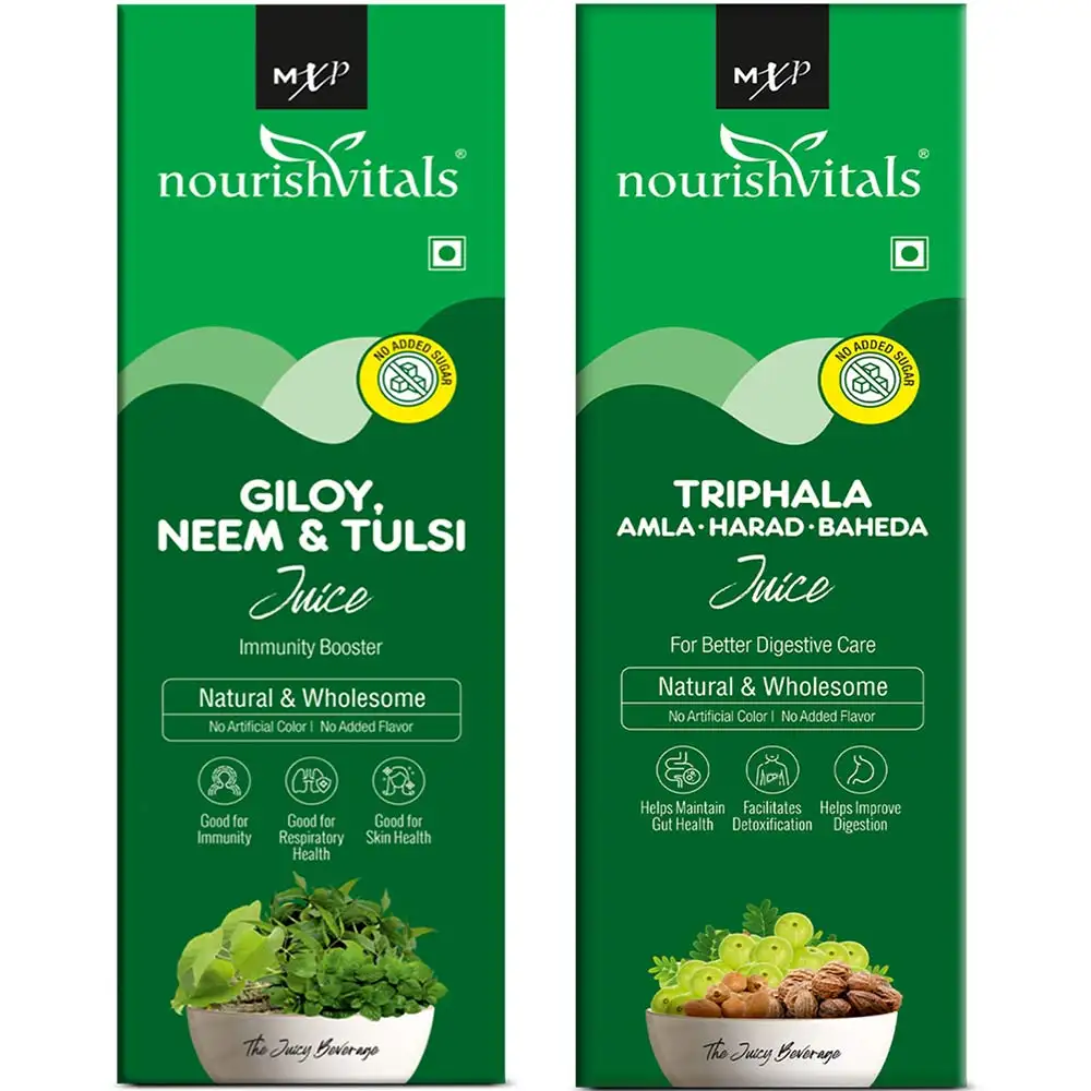 NourishVitals Giloy Neem & Tulsi Juice + Triphala Amla, Harad, Baheda Juice 500 ml Combo,  Natural  2 Piece(s)/Pack