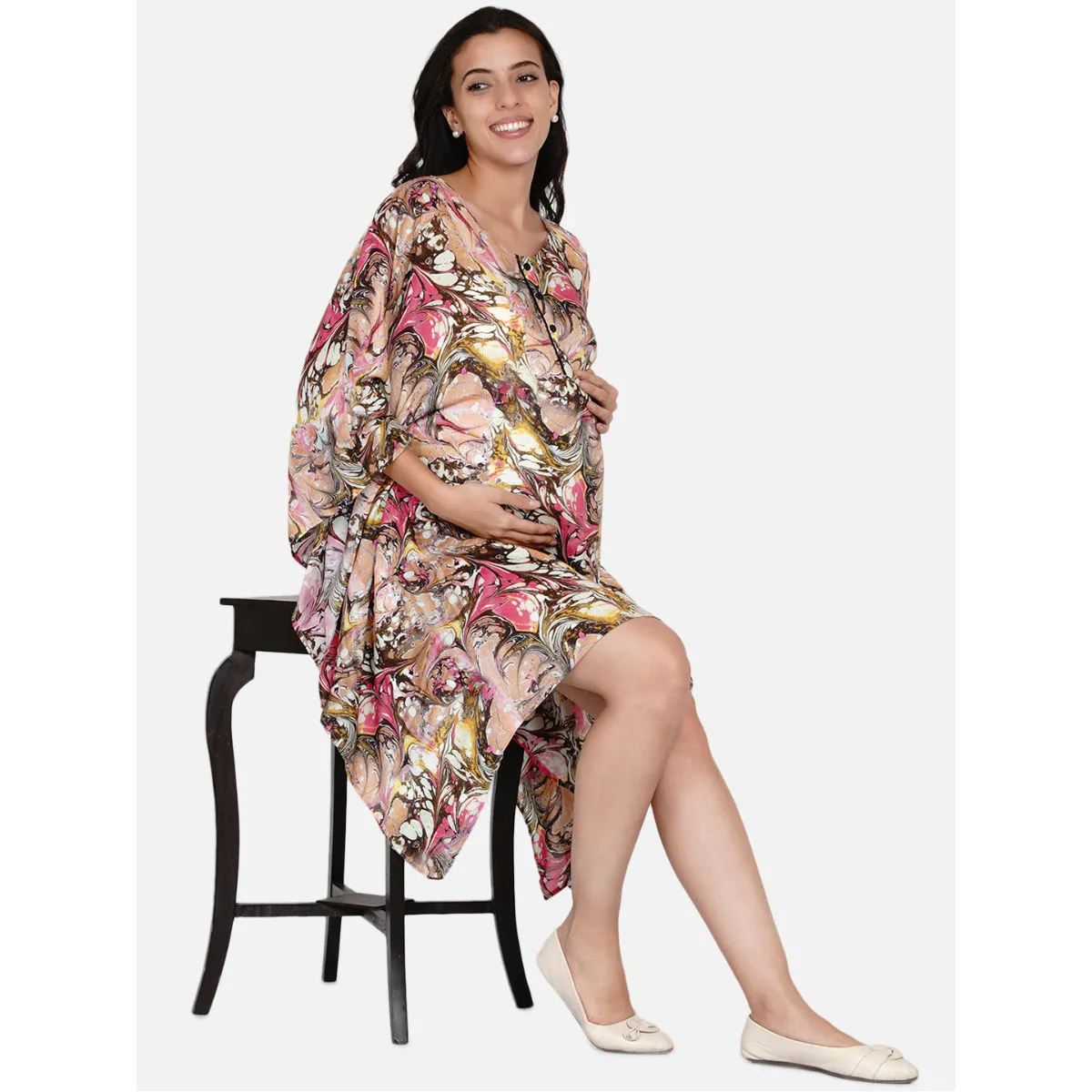 The Kaftan Company Pink Marble Maternity And Nursing Dress Multi-Color