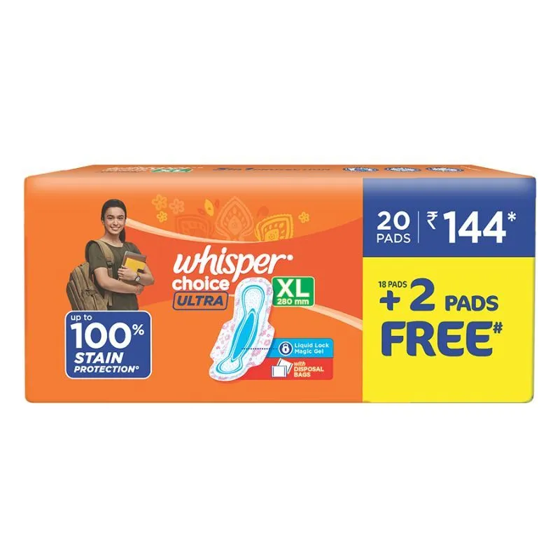 Whisper Choice Ultra XL Thin XL Sanitary Pads-upto 100% Stain Protection With Side Safe Wings