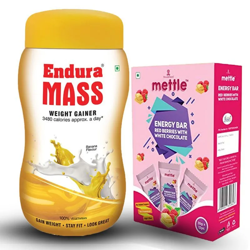 Endura Mass Weight Gainer Banana With Mettle Red Berries Energy Bars Combo