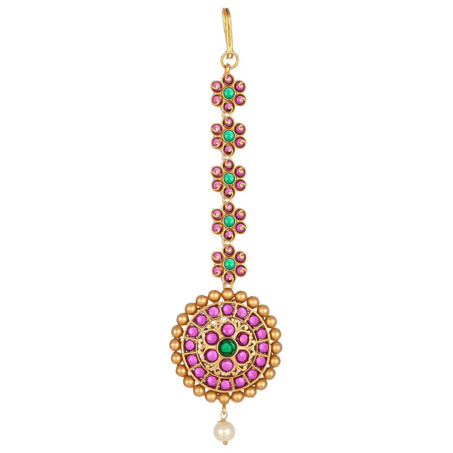 Peora Matte Gold Finish Round Floral Red Green Stone Studded Maang Tikka Jewellery (PF42TKAT92RG)