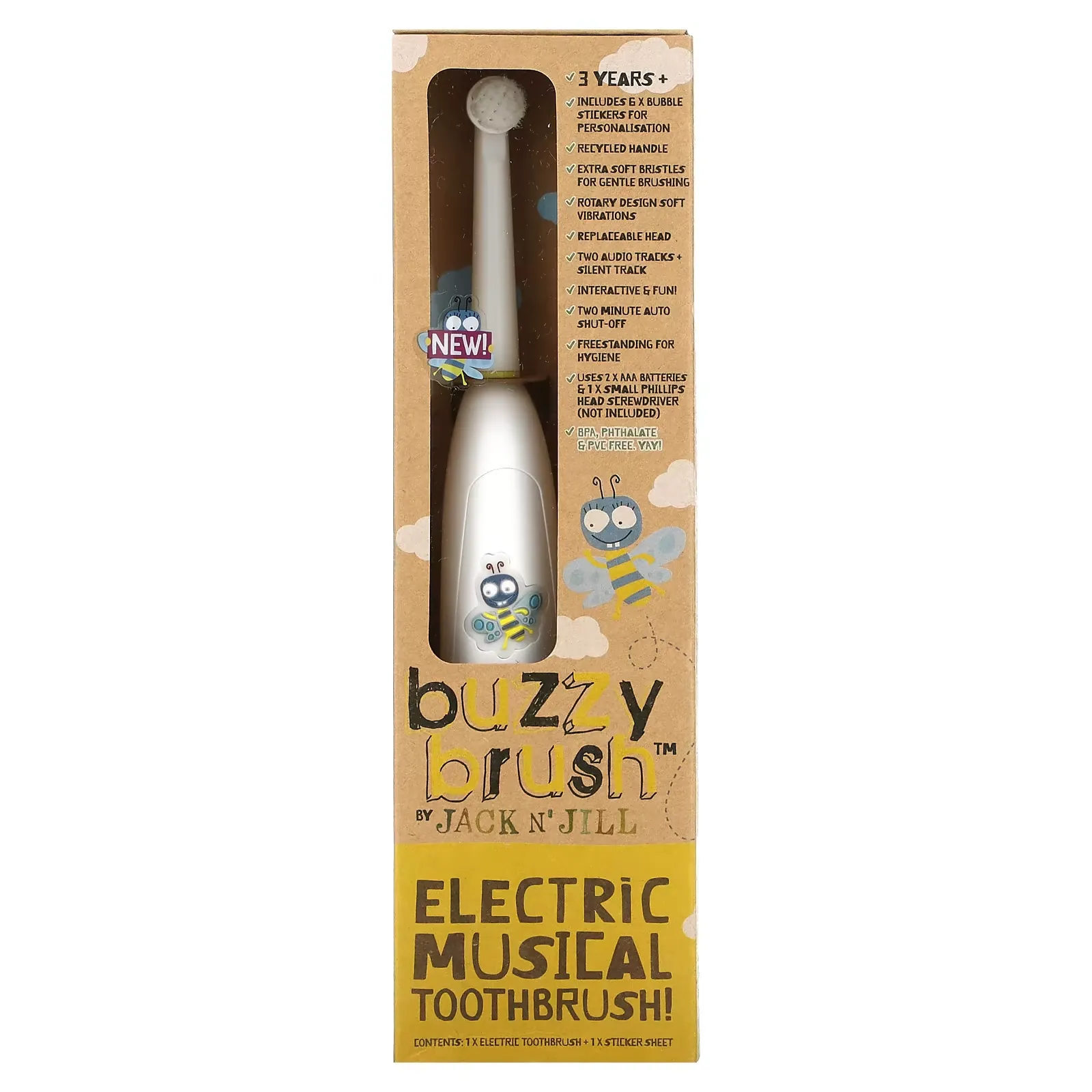 Buzzy Brush, Electric Musical Toothbrush, 1 Electric Toothbrush + 1 Sticker Sheet