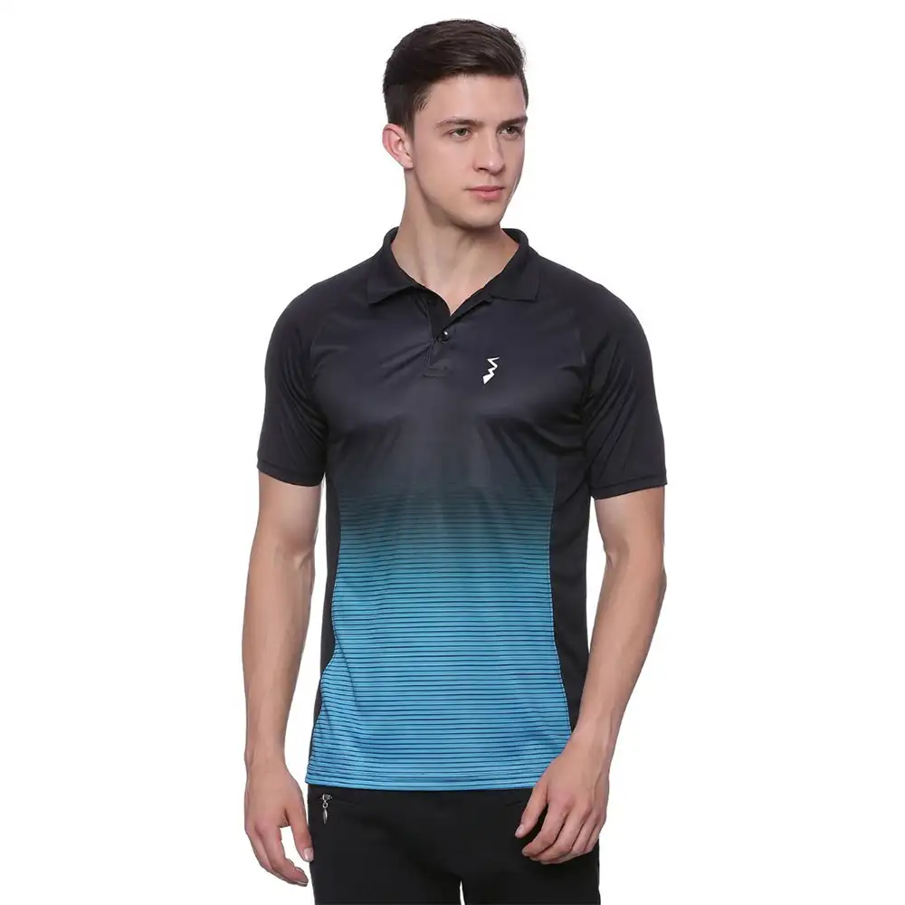 Campus Sutra Stripes Men Polo Neck T Shirt,  Blue & Black  Large