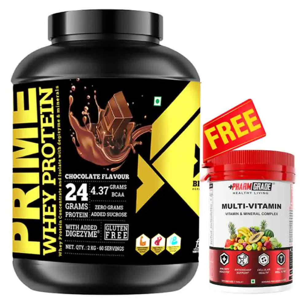 Big Flex Prime Whey Protein,  4.4 lb  Chocolate + Pharmgrade Healthy Living Multivitamin 60 Tabs Free