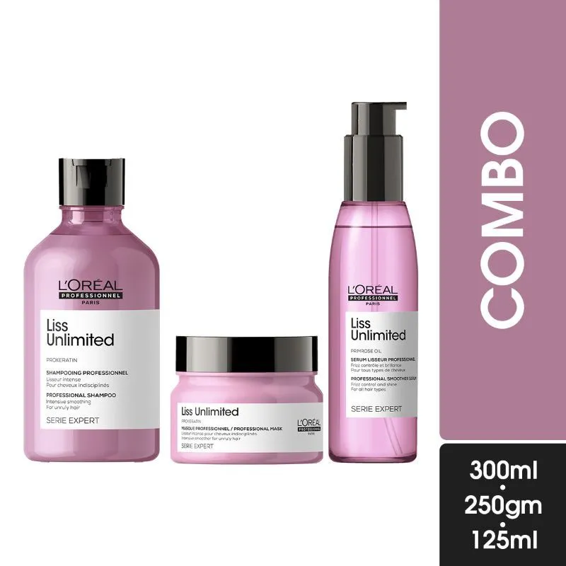 L'Oreal Professionnel Liss Unlimited Shampoo 300ml, Hair Mask 250gm & Hair Serum 125ml, Serie Expert