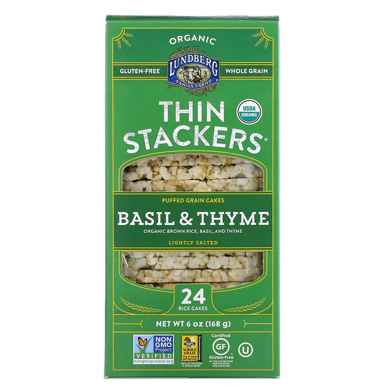 Organic Thin Stackers, Puffed Grain Cakes, Basil & Thyme, Lightly Salted, 24 Rice Cakes, 6 oz (168 g)