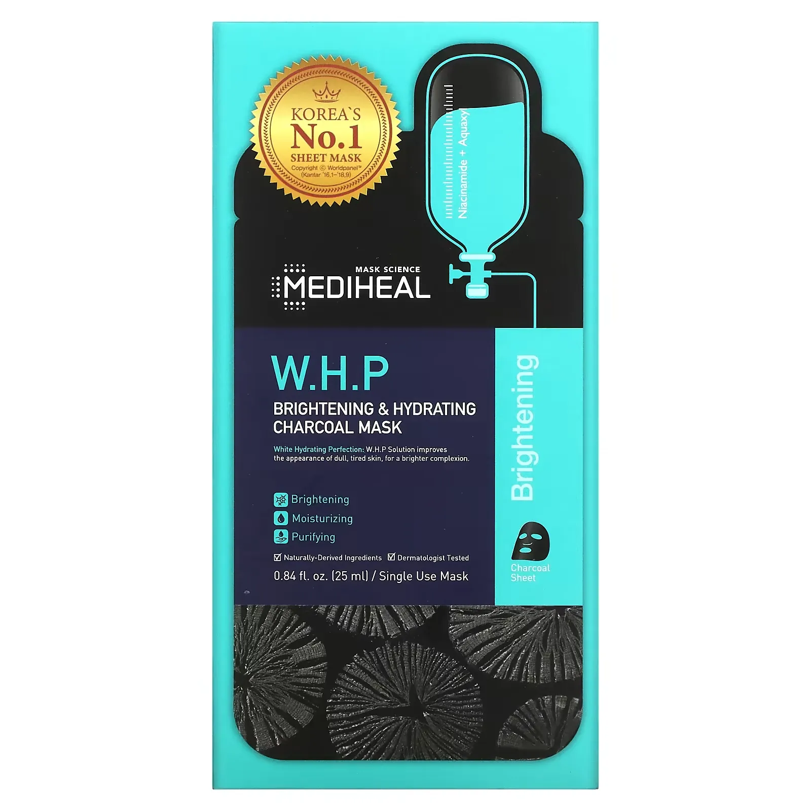 W.H.P Brightening & Hydrating Charcoal Beauty Mask, 5 Sheets, 0.84 fl oz (25 ml) Each