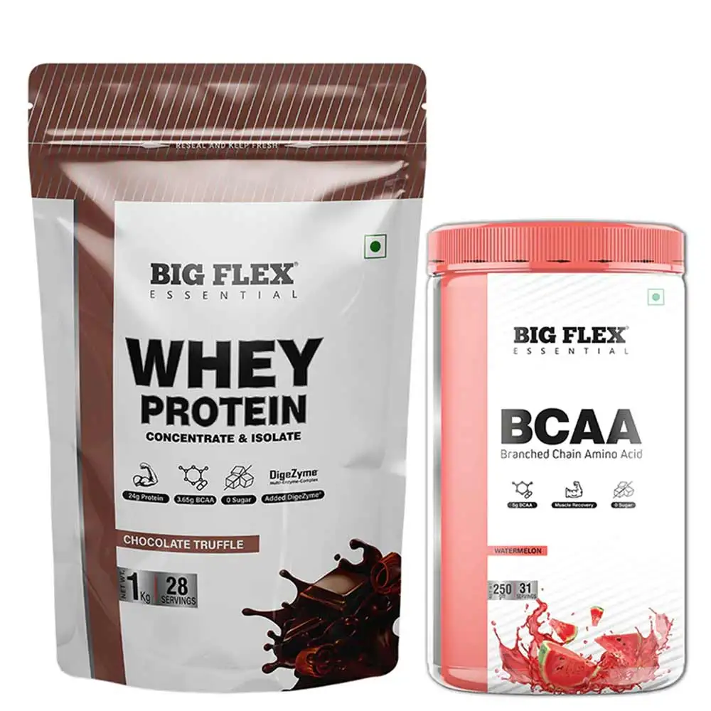 Big Flex Essential Whey Protein Concentrate & Isolate,  2.2 lb  Chocolate Truffle with Bigflex Essential Bcaa Watermelon 250g