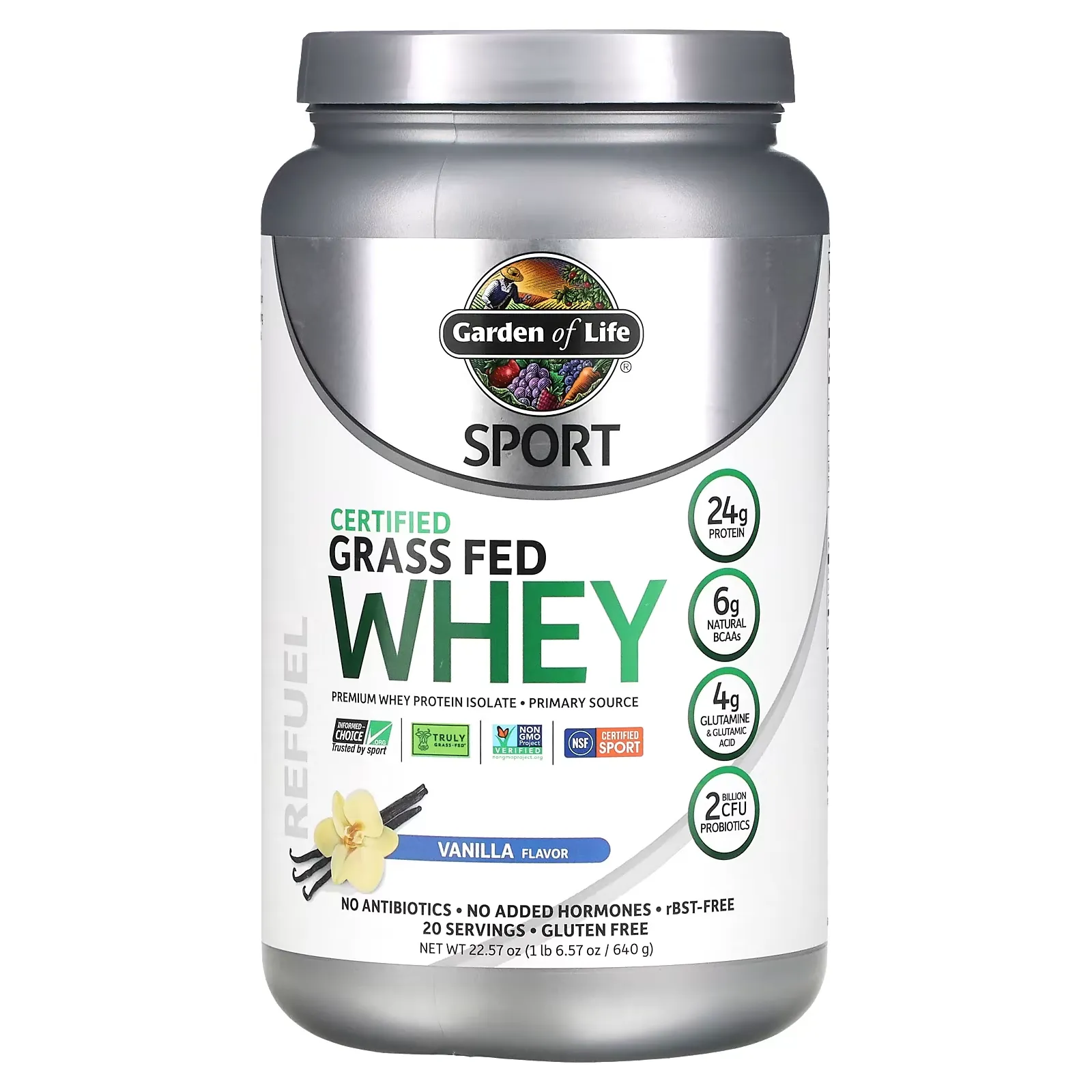 Sport, Certified Grass Fed Whey, Vanilla, 22.57 oz (640 g)