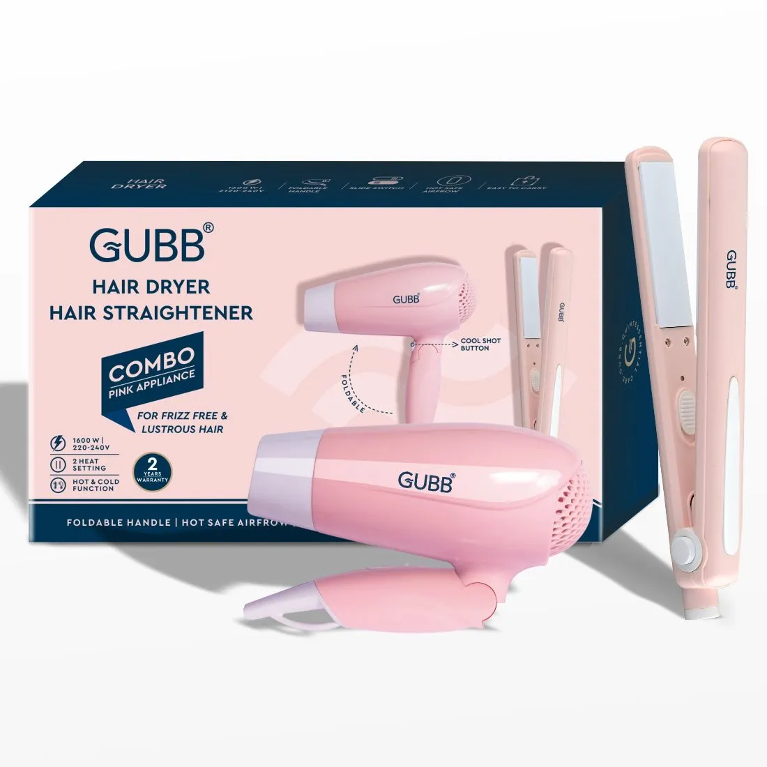 GUBB Hair Dryer & Straightener Combo For Frizz Free & Lustrous Hair - Pink