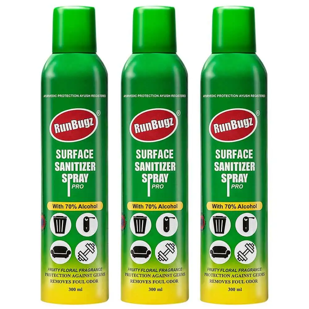 RunBugz Surface Sanitizer Spray Pro with 70% Alcohol,  Fruity Floral  300 ml  Protection from Germs (Pack of 3)