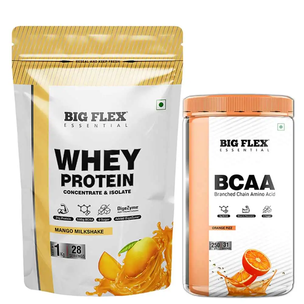 Big Flex Essential Whey Protein Concentrate & Isolate,  2.2 lb  Mango Milkshake with Bigflex Essential Bcaa Orange Fizz 250g