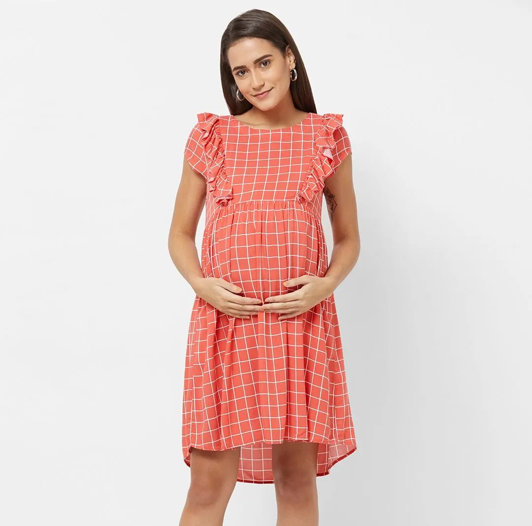 Mystere Paris Maternity Checked Dress - Orange