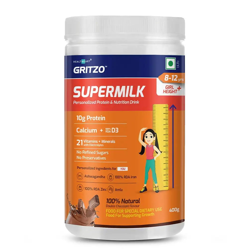 Gritzo SuperMilk Personalized Protein & Nutrition Drink Mix 8-12 yrs Girls Height+,  400 g  Double Chocolate